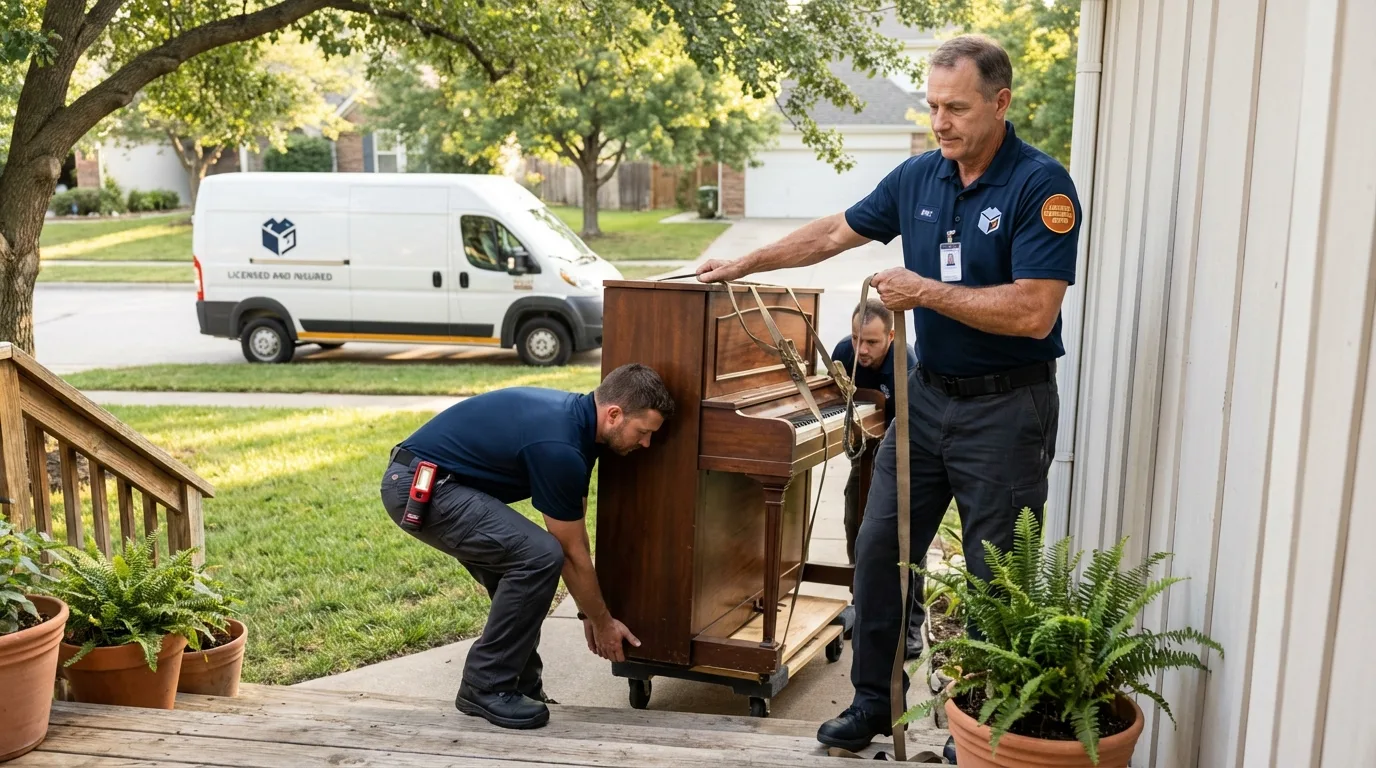Licensed piano movers securing grand piano in Atkinson, NE