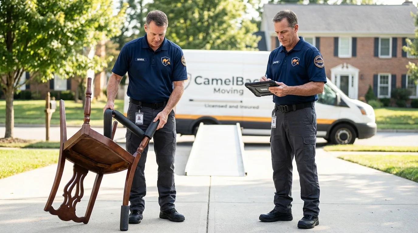 Movers inspecting furniture for damage prevention before loading in Atkinson, NE